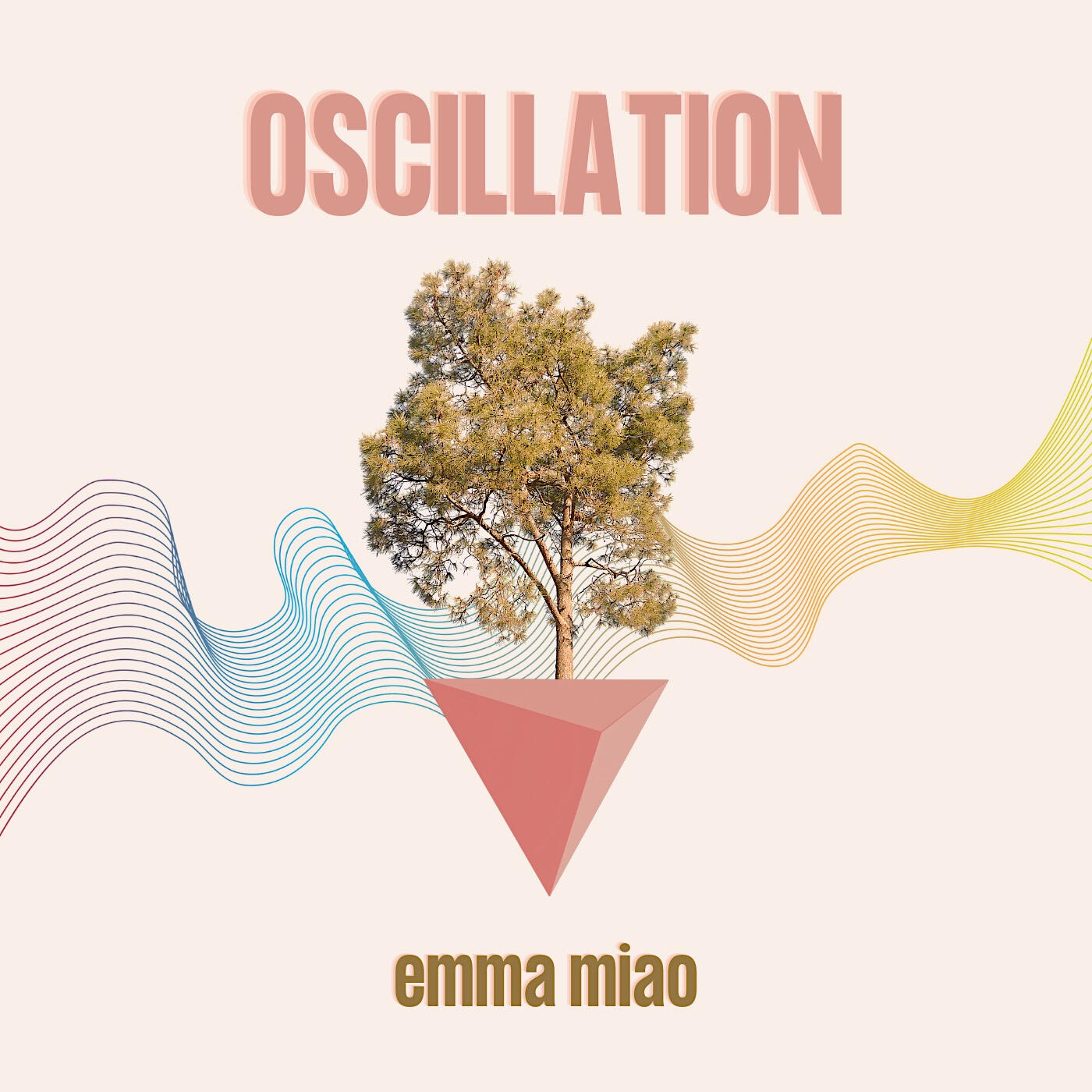 Album Cover: tree grows out of three-dimensional pink triangle with curved lines that resemble soundwaves in background.